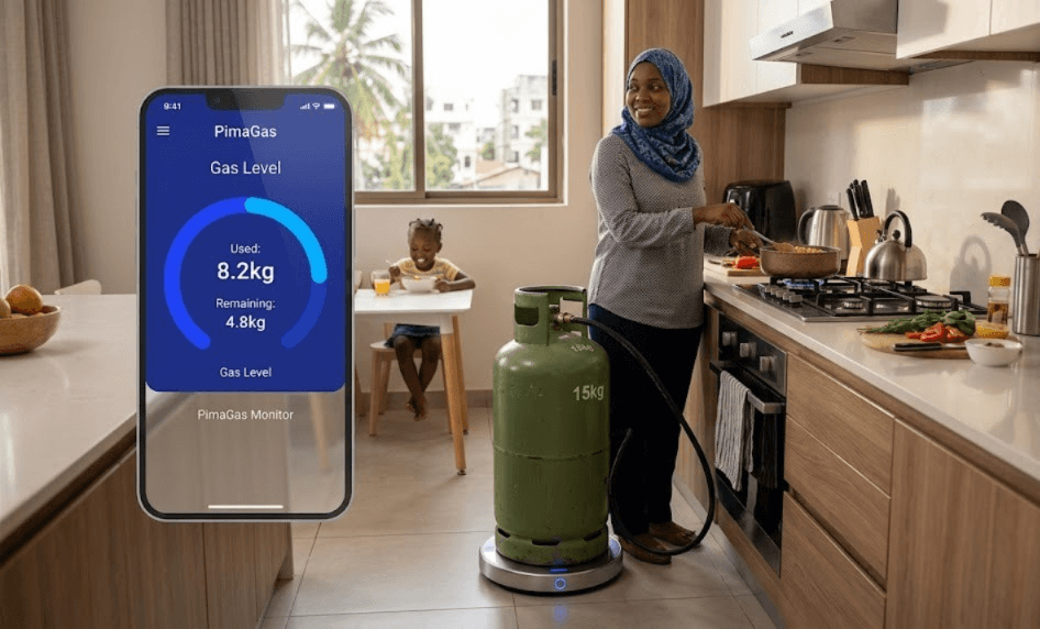 PimaGas smart gas cylinder with IoT sensor and mobile dashboard showing gas levels